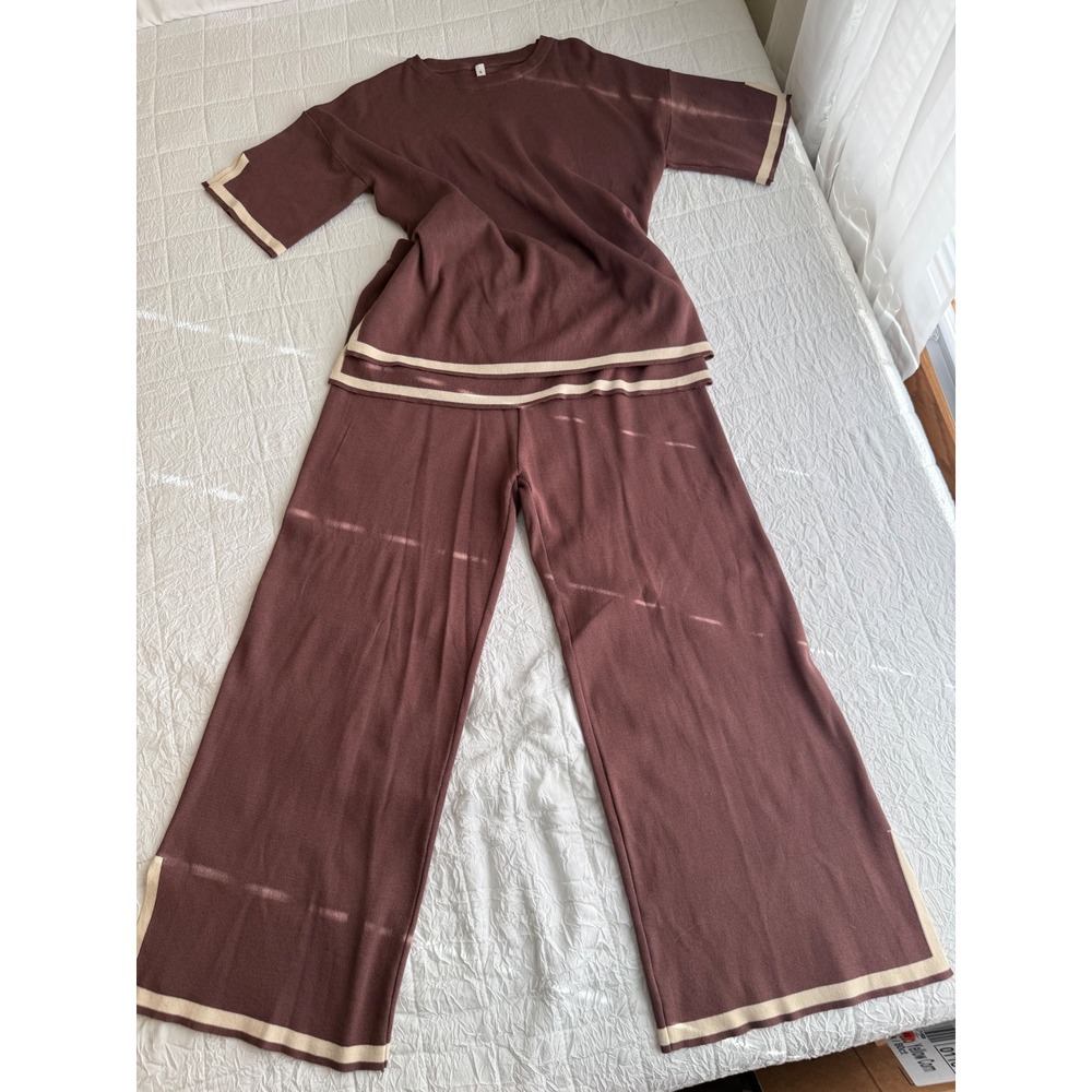 Fashion Brown Knit 2 Piece Set Wide Leg Pants Short Sleeve Top Cream Trim Small